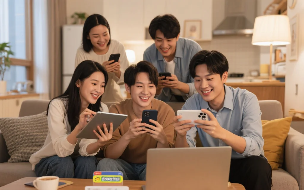 现代家庭中,几位年轻人分别用手机、平板和电脑一起参与在线娱乐平台,画面温馨愉快