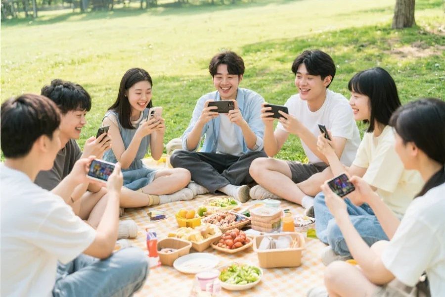 一群年轻人在公园野餐时围坐在一起,每个人都在用手机分享和观看娱乐内容,气氛轻松愉快