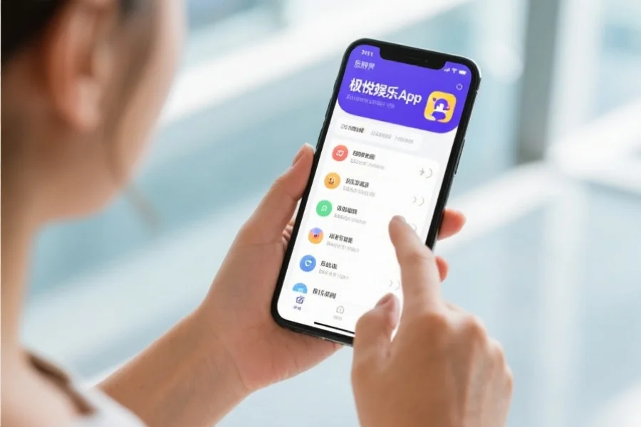 用户在极悦娱乐App界面上操作,手机屏幕显示应用功能菜单,环境明亮现代