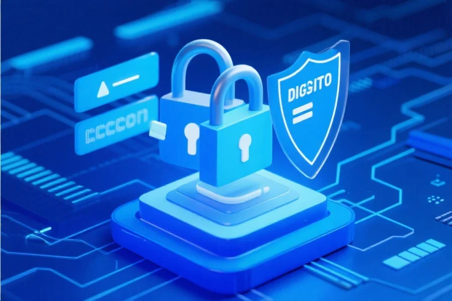 抽象风格的数字安全锁和数据保护元素，象征网络账号安全，背景为蓝色科技感